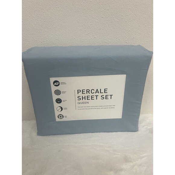 AQ Textiles Percale Sheet Set Queen Solid Blue 4 Piece 220 Thread Count - Picture 1 of 2